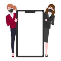 Young beautiful businesswoman characters wearing business outfit standing behind blank mobile screen and waving vector