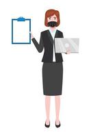 Young beautiful businesswoman a character wearing business outfit facial fabric mask standing and holding laptop clipboard vector