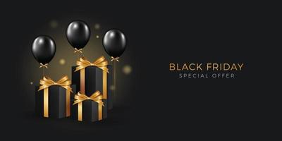 viernes negro super venta fondo de cajas de globos y regalos negros realistas vector