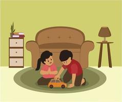 Sibling playing toy car together in the room vector design