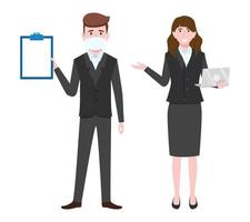 Young beautiful businessman and businesswoman character wearing business outfit facial fabric mask standing with laptop clipboard vector