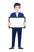 Young beautiful businessman a character wearing business outfit standing and holding blank tablet screen vector