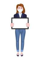 Young beautiful businesswoman a character wearing business outfit facial fabric mask standing and holding blank tablet screen vector