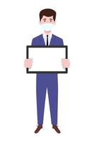 Young beautiful businessman a character wearing business outfit facial fabric mask standing and holding blank tablet screen vector