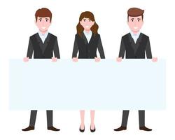 Conjunto de caracteres de joven empresario y empresaria vistiendo traje de negocios sosteniendo un cartel de tablero en blanco juntos aislado vector