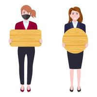 Young beautiful businesswoman a characters wearing business outfit standing and holding blank different shape wooden placard vector