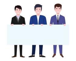 Young businessman character team wearing business outfit holding blank board placard together isolated vector