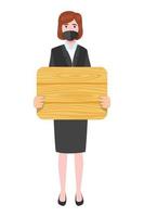 Young beautiful businesswoman a character wearing business outfit standing and holding blank different shape wooden placard vector