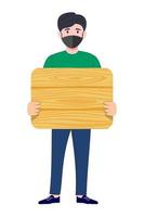 Young beautiful businessman a character wearing business outfit facial fabric mask standing and holding blank wooden placard isolated vector