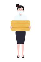 Young beautiful businesswoman a character wearing business outfit facial fabric mask standing and holding blank wooden placard isolated vector