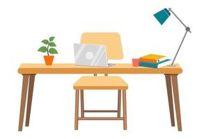 Cute beautiful desk with table chair laptop plant book lamp isolated vector