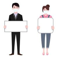 Young beautiful businessman and businesswoman character wearing business outfit facial fabric mask standing with placard board and posing vector