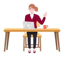 Young beautiful businesswoman a character wearing business outfit setting on desk with laptop coffee plant and waving vector