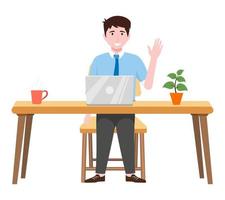 Young beautiful businessman a character wearing business outfit setting on desk with laptop coffee and waving vector