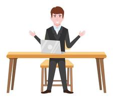 Young beautiful businessman a character wearing business outfit setting on desk with laptop and waving vector