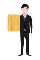 Young beautiful businessman a character wearing business outfit standing and holding blank wooden placard vector