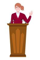 Young businesswoman character wearing business outfit standing behind podium and waving vector