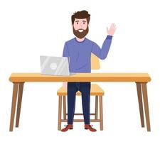 Young beautiful businessman a character wearing business outfit setting on desk with laptop and waving isolated vector