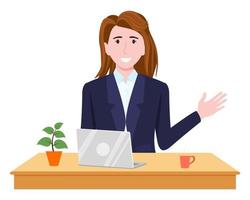 Young beautiful businesswoman a character wearing business outfit setting on desk with laptop coffee plant and waving vector