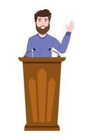 Young businessman character wearing business outfit standing behind podium and waving vector