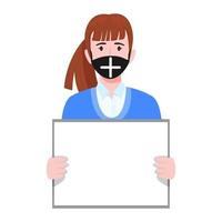 Young businesswoman character wearing business outfit fabric mask holding blank board placard isolated vector