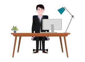 Young beautiful businessman a character wearing business outfit setting on desk with desktop lamp plant and posing isolated vector