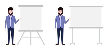 Young beautiful businessman a character wearing business outfit standing with blank presentation board and pointing vector
