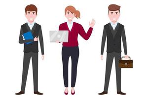 Young beautiful businessman and businesswoman characters wearing business outfit standing with laptop file bag vector