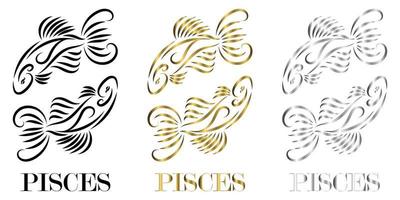 line vector logo of two fish It is sign of pisces zodiac there are three color black gold silver