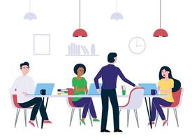 Teamwork of colleagues in the meeting room office with laptops coffee and chairs happy men and woman talking and working vector characters flat style vector illustration Teamwork concept in business