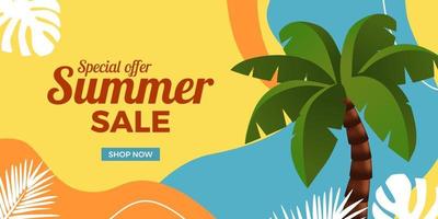 oferta de venta de verano promoción de descuento banner con hojas decoración de memphis abstracta con ilustración de árbol de coco y fondo naranja vector