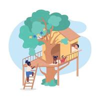 Niños jugando en el banner web del vector de la casa del árbol