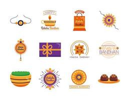 bundle of happy raksha bandhan celebration set icons vector