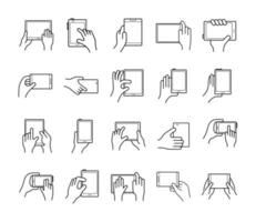 bundle of hands and smartphones set icons vector