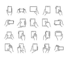 bundle of hands and smartphones set icons vector