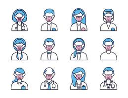 group of people and doctors wearing medical masks vector