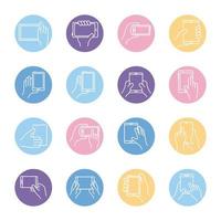 bundle of hands and smartphones set icons vector