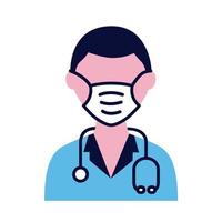 male doctor wearing medical mask with stethoscope flat style icon vector