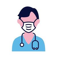 male doctor wearing medical mask with stethoscope flat style icon vector