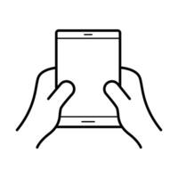 hands using tablet device line style icon vector