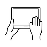 hands using tablet device line style icon vector