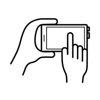 manos usando el icono de estilo de línea de dispositivo de teléfono inteligente vector