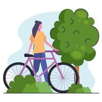 mujer joven, con, bicicleta, en el parque vector