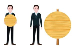 Businessman characters wearing business outfit standing with blank presentation board and blank wooden placard pointing holding vector