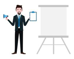 Businessman characters wearing business outfit standing with blank presentation board clipboard mic isolated vector