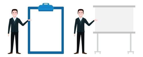 Businessman characters wearing business outfit standing with sales presentation board clipboard and pointing isolated vector