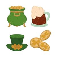 happy st patricks day icons cauldron beer hat and coins flat vector