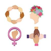 womens day icons set diverse hands gender and head woman with flowers vector