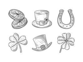 set happy st patricks day coins hat horseshoe icon sketch isolated vector