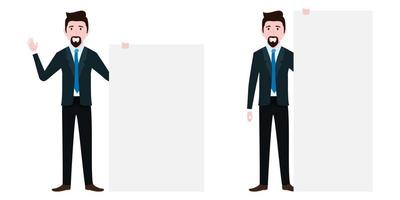 Businessman characters wearing business outfit standing with blank presentation board and blank placard holding vector